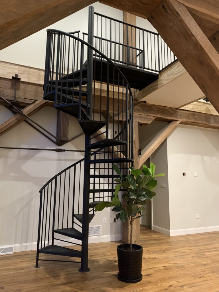 metal spiral stairs next to plant inside a cabin